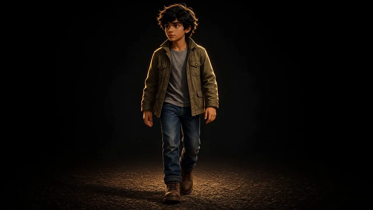 A boy in a jacket and jeans takes his first steps into a warm pool of light